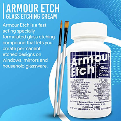 Armour Etch Glass Etching Cream Kit - Create Permanently Etched Designs - 10oz Net Weight - Bundled with Moshify Application Brushes - WoodArtSupply