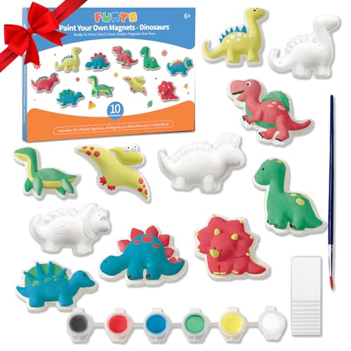 Funto Dinosaur Painting Kit for Kids, Paint Your Own Figurines with Magnet, 27 PCS Arts and Crafts Set, Ceramics to Paint, STEAM Projects Creative Funto