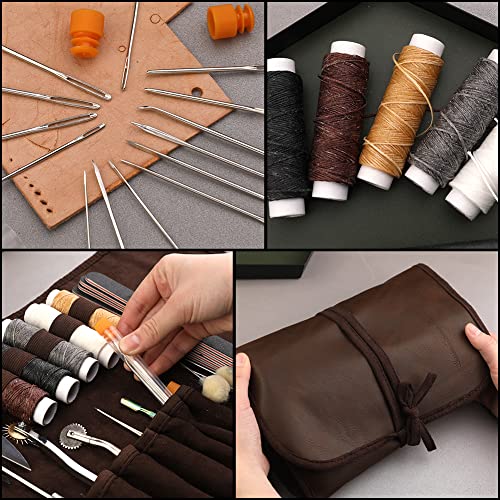 TLKKUE Leather Working Tools Leather Sewing Kit Leather Craft Tools with Storage Bag, Groover, Stitch Wheel, Waxed Threads, Awl, Needles, Manual, - WoodArtSupply