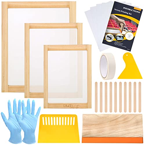 Caydo 24 Pieces Screen Printing Kit, Include 3 Sizes Wood Silk Screen Printing Frame with 110 Mesh, Screen Printing Squeegees, Transparency Inkjet