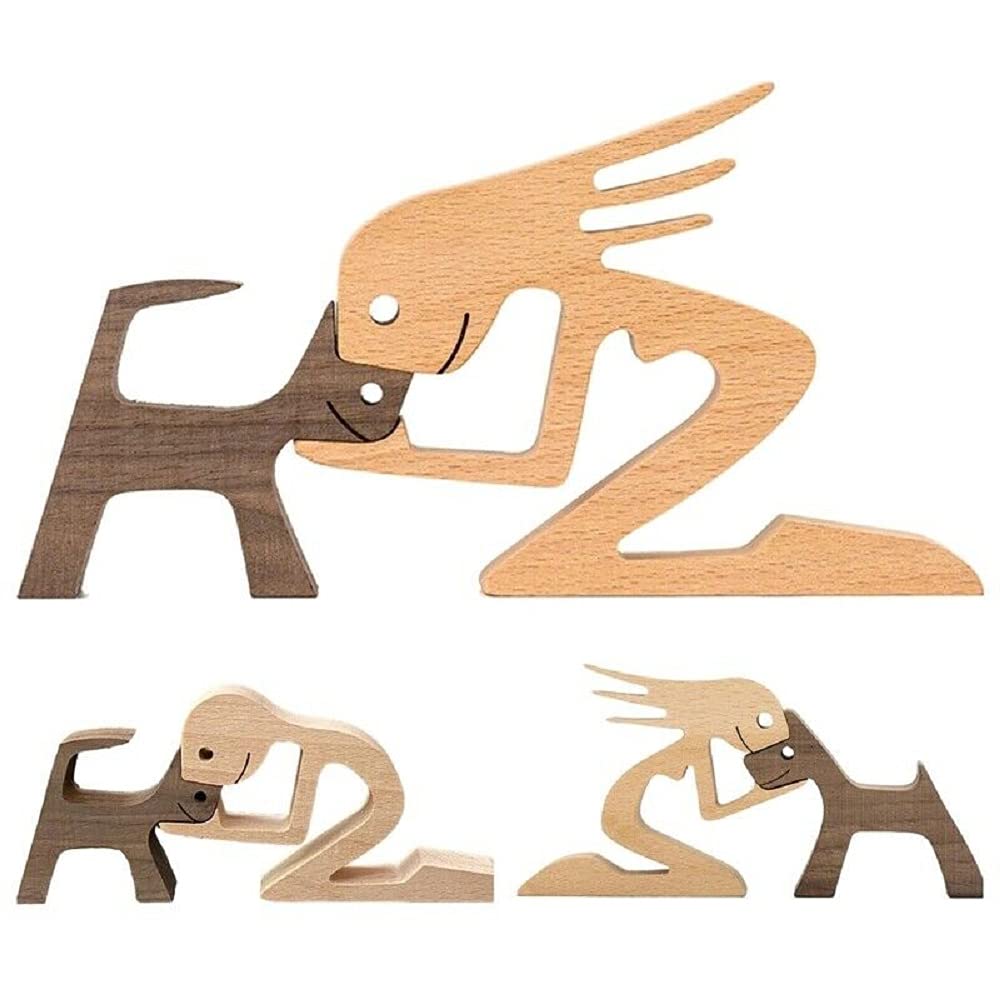 FHTDW Unique Gift Hand Carved Wood Dog Human Statue Figurine Sculpture Home Office Décor, Wooden Man Dog Carving Model to Remember Friendship Between FHTDW