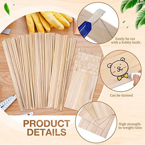 240 Pieces Balsa Wood Sticks Hardwood Square Wooden Craft Dowel Rods Unfinished Balsa Wood Sheets 12 Inch Thin Wooden Strips 1/4 Inch 1/8 Inch for