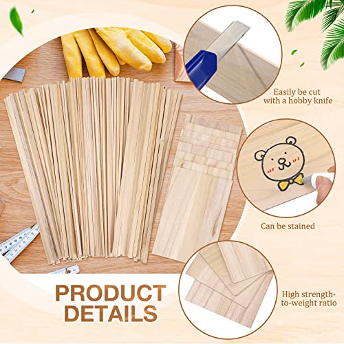 240 Pieces Balsa Wood Sticks Hardwood Square Wooden Craft Dowel Rods Unfinished Balsa Wood Sheets 12 Inch Thin Wooden Strips 1/4 Inch 1/8 Inch for Chunful