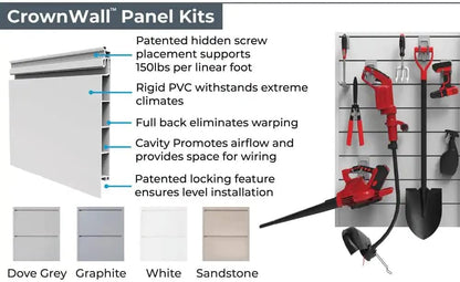 CrownWall PVC Slat Wall Panels Garage Wall Organizer Storage System | Heavy Duty Organization and Easy Installation | 6 Inch - 8ft by 4ft (32 sqft) - WoodArtSupply