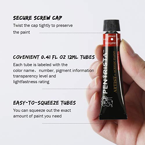 PENTRISTA Acrylic Paint Set,48 Colors Artist Grade Acrylic Paints for Artists,12ml/Tube with 3 Art Brushes & 1 Palette for Beginners and Kids, Craft PENTRISTA