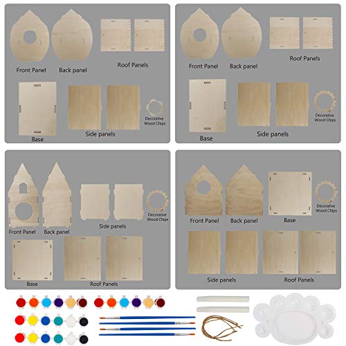 Glintoper Art Craft Wood Toys for Kids, 4 Pack DIY Bird House Kit Painting Puzzle DIY Wooden Assembly, Build and Paint Birdhouse, Include Paints & Glintoper