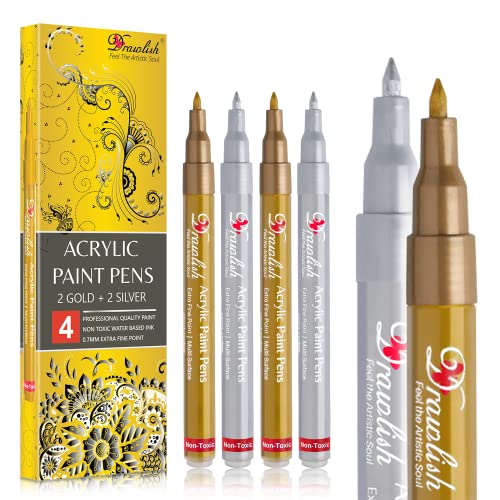 Acrylic Paint Pens - Permanent Markers 2 Gold Pens & 2 Silver Paint Marker Pens Set of 4 Acrylic Pens 0.7mm Extra Fine Tip - Ideal for Rock Painting, Drawlish
