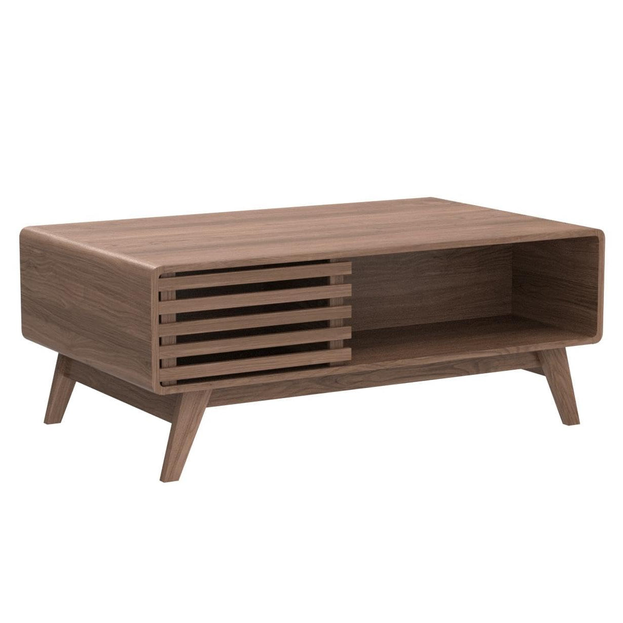 Mopio Ensley Mid Century Modern Rectangle Coffee Table with Dual Storage Shelf, Wood Slat Sliding Door, & Rounded Edge Protection for Living Room, mopio