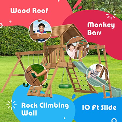 Creative Playthings Northbridge Pack 4 Wooden Swing Set (Made in The USA), Includes Climbing Wall for Kids, Playground Swings & Slide, Monkey Bars &