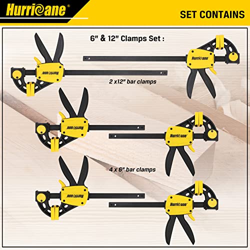 HURRICANE Clamps for Woodworking, 6 Pack One-Handed Bar Clamps, Quick Release Wood Clamps Set, Table Clamps for Woodworking, Ratcheting Bar Clamp - WoodArtSupply