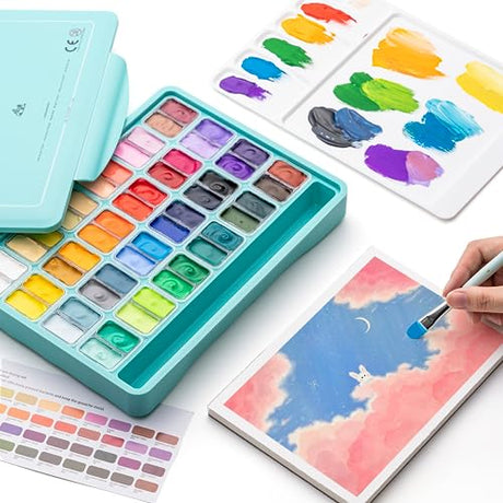 HIMI Twin Cup Jelly Gouache Paint Set, 48 Colors 12g, Jelly Cup Design, Non Toxic Paint for Canvas and Paper, Art Supplies for Professionals (Green HIMI