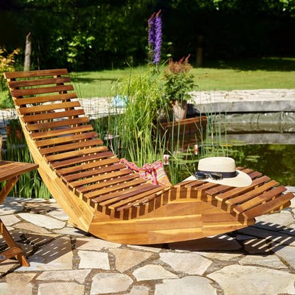 cucunu Chaise Lounge | Rocking Outdoor Lounger Chair Made from Acacia Wood | 330 lbs Capacity Wooden Furniture for Patio, Pool, Sauna