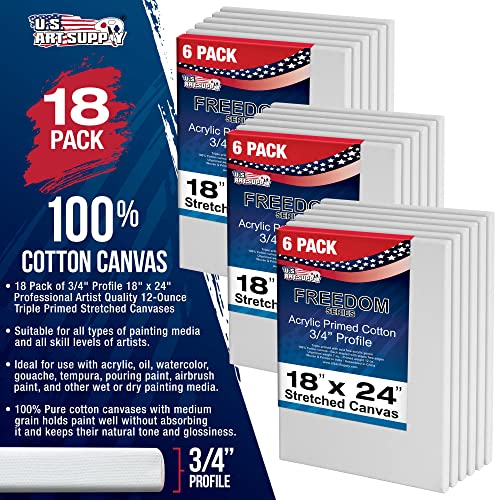 U.S. Art Supply 18 x 24 inch Stretched Canvas 12-Ounce Primed 6-Pack - Professional White Blank 3/4" Profile Heavy-Weight Gesso Acid Free Bulk Pack - - WoodArtSupply