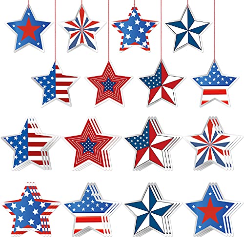 24 Pieces 4th of July Star Ornaments 8 Styles Wooden Patriotic Star Shaped Wood Hanging Slices Pendants Embellishments Tags for Independence Day