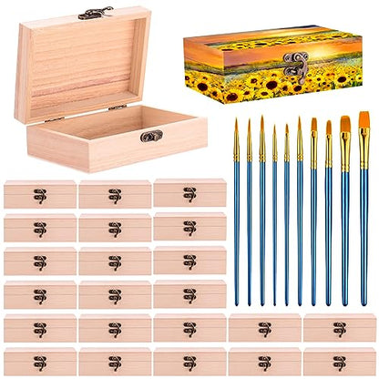 Barydat 24 Pcs 6 x 4 x 2 Unfinished Wood Box with 10 Paintbrushes Wood Treasure Chest Mini Wooden Boxes for Crafts Wooden Storage Box with Hinged Lid