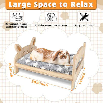 BWOGUE Large Wooden Rabbit Bed, 2 in 1 Folding Wooden Pet Bed with Removable Cushion Small Animals Bed for Rabbits Bunny Guinea Pigs Kittens Puppy - WoodArtSupply