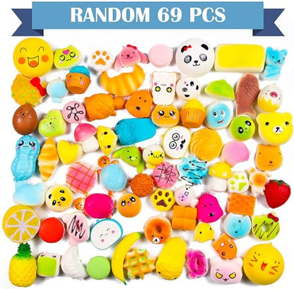 WATINC Random 70Pcs Squeeze Toys, Birthday Gifts for Kids Party Favors, Slow Rising Simulation Bread Squeeze Stress Relief Toys Goodie Bags Egg