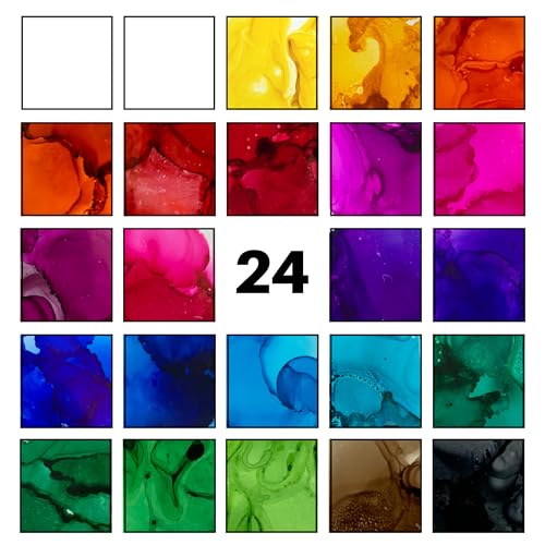 Alcohol Ink Set - New Improved Formula - 24 Highly Saturated Alcohol Inks - Fast-Drying and Permanent Inks - Versatile Alcohol Ink for Epoxy Resin, - WoodArtSupply