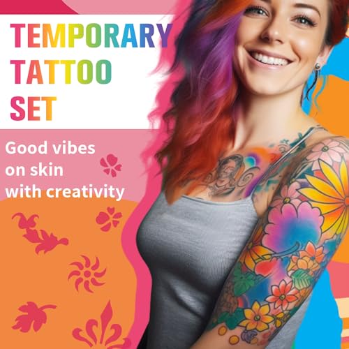 Temporary Tattoo Markers for Skin,15PCS Dual-Ended Tattoo Pen + 50 Paint Stencils + 43 Tattoos Stickers,Glitter & Matte & Neon Glow Body Marker Set, - WoodArtSupply