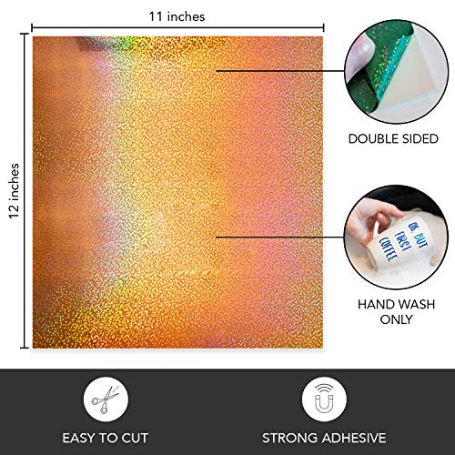 Permanent Glitter Vinyl for Cricut (8pk, 12 x 11 Inch) Sparkle Holographic Vinyl Adhesive Sheets for Oracle 651 with Metallic Rainbow Effect (Gold, Kraftex