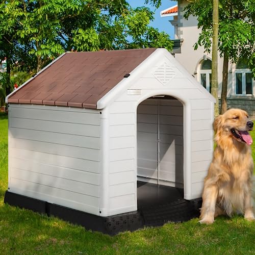 PUKAMI Plastic Dog House Outdoor Indoor,Durable Dog House for Small Medium Large Dogs,Waterproof Dog Houses with Elevated Floor and Air - WoodArtSupply