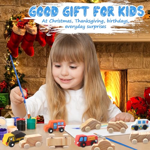 ColCospie Wooden Cars to Paint for Kids,Come with 12pcs DIY Wooden Cars for 12pcs of Color Pigments and 1pcs Car Styling Sticker ColCospie
