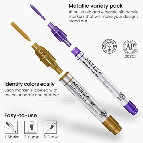 ARTEZA Metallic Acrylic Paint Markers, Set of 20, Paint Pens with Bullet and Wide Nib, Art & Craft Supplies for Glass, Pottery, Ceramic, Plastic, ARTEZA