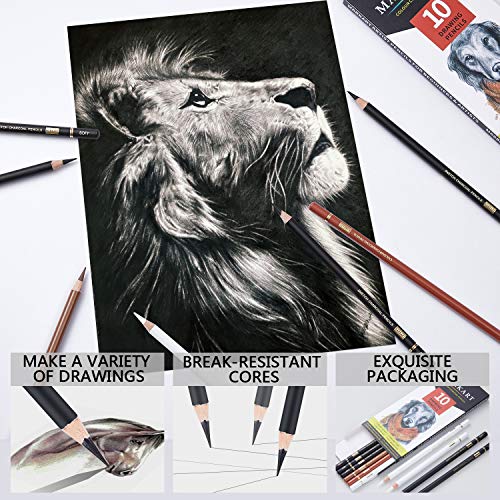 MARKART Professional Colored Charcoal Pencils Drawing Set, 10 Pieces Black White Charcoal Pencils for Sketching, Shading, Blending, Pastel Chalk - WoodArtSupply