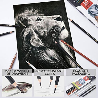 MARKART Professional Colored Charcoal Pencils Drawing Set, 10 Pieces Black White Charcoal Pencils for Sketching, Shading, Blending, Pastel Chalk - WoodArtSupply