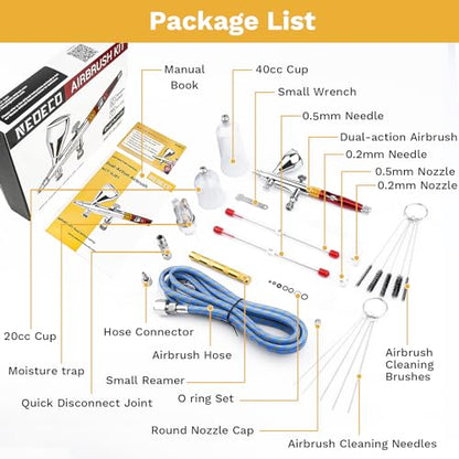 NEOECO Multi-Purpose Airbrush Kit, Dual-Action Gravity Feed Air Brush Sets with with Crown Nozzle, 9cc 20cc 40cc Cup, 0.2, 0.3 & 0.5mm Needles for - WoodArtSupply