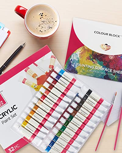 COLOUR BLOCK 32 Acrylic Paint Set with Brushes and 6 Sheet Paper - Perfect School Supply for Creating Beautiful Masterpieces