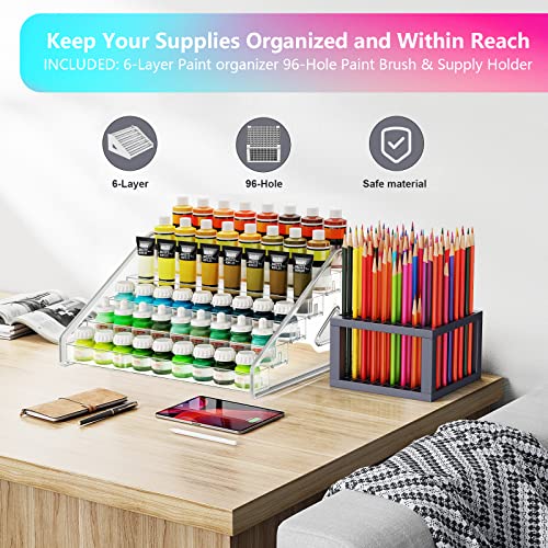 ARFETIGO 6 Layer Acrylic Paint Organizer&Paint Brush Holder Snap-on Design Easy Assembly Paint Storage Rack for Acrylic Craft Hobby Miniature Model ARFETIGO