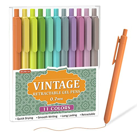 Shuttle Art Colored Retractable Gel Pens, 11 Vintage Ink Colors, Cute Pens 0.7mm Medium Point Quick Drying for Writing Drawing Journaling Note Taking Shuttle Art