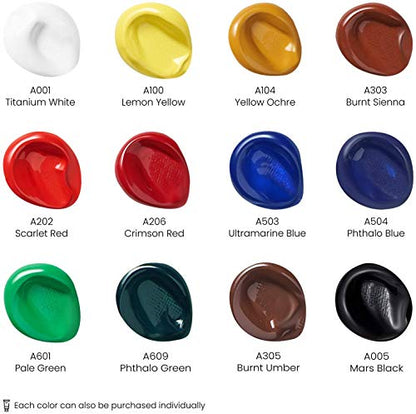 ARTEZA Acrylic Paint Set of 12 Colors/Tubes (0.74 oz, 22 ml), Rich Pigments, Non Fading, Non Toxic Artist Paints, Art Supplies for Canvas Painting
