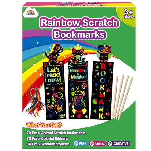 ZMLM Animal Scratch Bookmark for Kids: 70 Pcs 14 Style Magic Scratch Rainbow Bookmarks Making Kit for Girl Boy Party Favor Classroom Activity DIY - WoodArtSupply