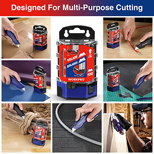 WORKPRO Utility Knife Blades, 100-Pack Utility Blades Replacement with Dispenser, SK5 Carbon Steel, Red WORKPRO