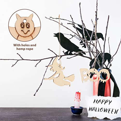 Ciieeo 50Pcs Halloween Wood Chips Ghost Wood Chips Unfinished Wooden Cutouts Unfinished Wood Slices Wooden Gift Tags Wood Jack o Lantern Cutouts Ciieeo