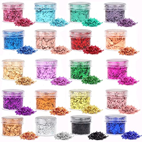 Gold Foil Flakes, 20 Bottles Gilding Flakes Set, Metallic Foil Flakes, Imitation Gold Foil Flakes with Tweezers for Resin, Nail Art, Painting, Slime Abeewin