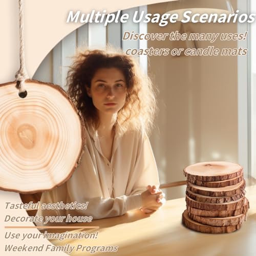 Coasters Wood Slices Burning Kit :Unfinished Natural Crafts with Bark 30 Pcs 2.4-2.8 inch Hemp Rope Suspension Hole Kids DIY Arts Christmas Ornament HANNE MEOW