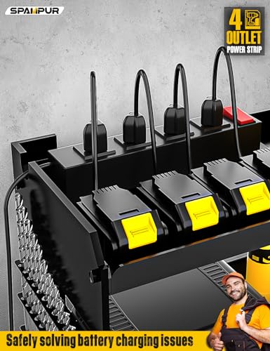 Spampur Power Tool Organizer Wall Mount with Charging Station, Garage Tool Shelf 6 Drill Holders, Tool Battery Holder with Screwdriver Heavy Duty