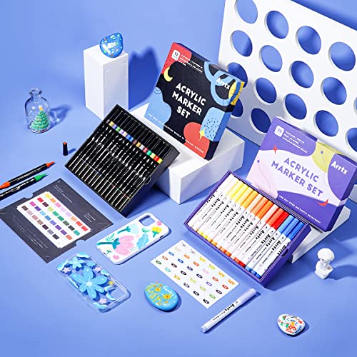 Arrtx Acrylic Paint Pens 62PCS, Water Based Acrylic Markers, Paint Markers for Rock Painting, Dual Tip Brush Tip Acrylic Painting Supplies for Fabric Arrtx