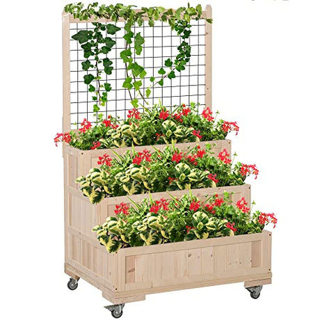 Outsunny 3-Tiers Raised Garden Bed with Trellis, 53" H Vertical Planter Box with Wheels & Back Storage Area, for Flowers, Vegetables, Herbs, Natural Outsunny