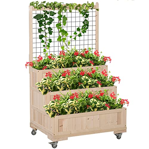 Outsunny 3-Tiers Raised Garden Bed with Trellis, 53" H Vertical Planter Box with Wheels & Back Storage Area, for Flowers, Vegetables, Herbs, Natural