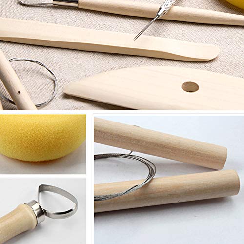 8 Pieces Wooden Pottery Sculpting Clay Cleaning Tool Set, Includes Clay Cutting, Modeling, Trimming Tools, for Beginner Level Pottery and Smoothing,