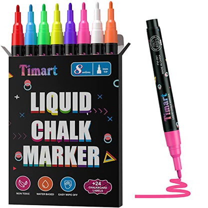 Timart Extra Fine Tip Chalk Markers (8 Pack 1mm Point), Liquid Chalk Pens - Dry Erase Marker Pens for Blackboard, Chalkboards, Windows, Glass, - WoodArtSupply