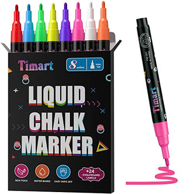 Timart Extra Fine Tip Chalk Markers (8 Pack 1mm Point), Liquid Chalk Pens - Dry Erase Marker Pens for Blackboard, Chalkboards, Windows, Glass,