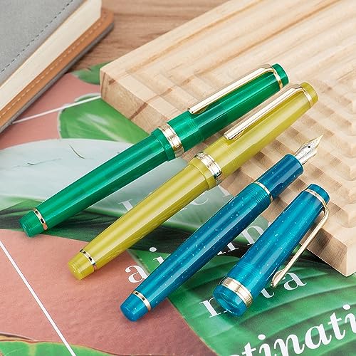 Jinhao 82 Acrylic Fountain Pen, Iridium Extra Fine Nib with Ink Converter, Transparent Peacock Blue Fluorescent Classic Design Smooth Writing Pen Wikult