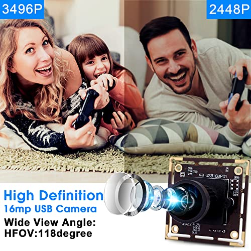 ELP 16MP Wide Angle USB Camera Module for Raspberry Pi and Computer 4K Mini UVC USB2.0 Video Webcam Board with 118degree No Distortion Lens IMX298 ELP
