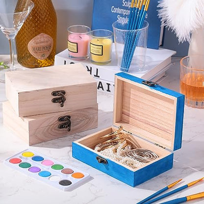Barydat 24 Pcs 6 x 4 x 2 Unfinished Wood Box with 10 Paintbrushes Wood Treasure Chest Mini Wooden Boxes for Crafts Wooden Storage Box with Hinged Lid