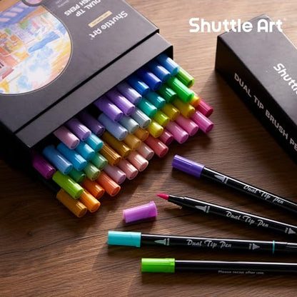 Shuttle Art 56 Pastel Colors Dual Brush Pen Art Markers, Fine and Brush Tip Markers perfect for Kids Adult Artist Coloring Books Calligraphy Hand